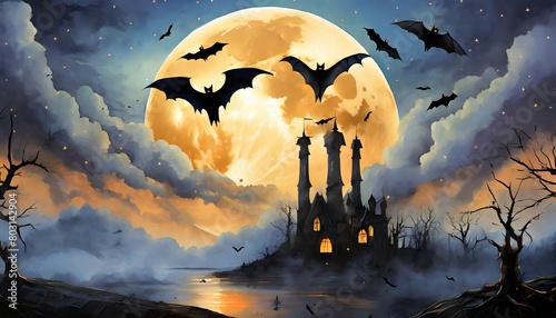 halloween background with house and bats