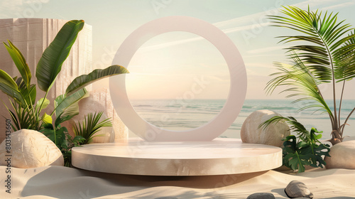 3d render of Abstract minimal display podium with Tropical beach paradise with swaying palm trees and calm ocean waves under a bright summer sky