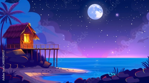 The scene depicts a beach hut or bungalow at night on a tropical island, a summer shack with a glow window outside under the full moon under a starry sky, and a wooden house on piles with a terrace