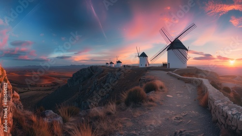 Panoramic image of traditional white windmills on a hill at sunset with colorful sky.