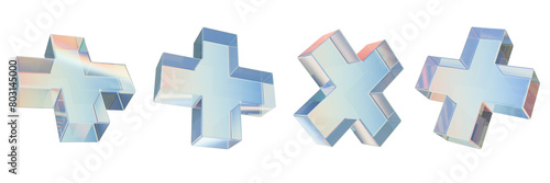 3D glass cross icon set, render gradient crystal plus collection, holographic abstract figure kit. Modern pharmacy medical help sign, retro futuristic transparent material objects. Glass cross clipart