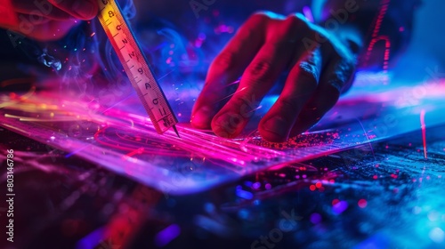 Dynamic close-up of hand using ruler on a glowing futuristic interface