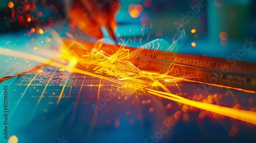 Dynamic close-up of hand using ruler on a glowing futuristic interface