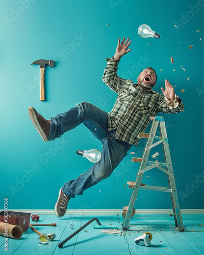 Accident at work: man falling off a ladder amid tools and light bulbs