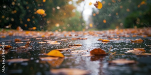 Vivid autumn leaves scattered on wet pavement capture the essence of fall with a sense of nostalgia