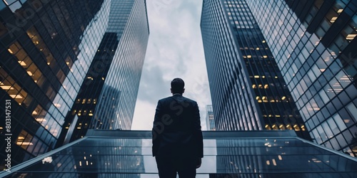 An image of a man contemplating the towering skyscrapers above him, representing ambition and the scale of big business