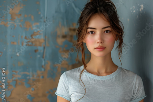 Young Asian woman in grey t-shirt standing in front of blue cracked wall, beautiful minimalist portrait
