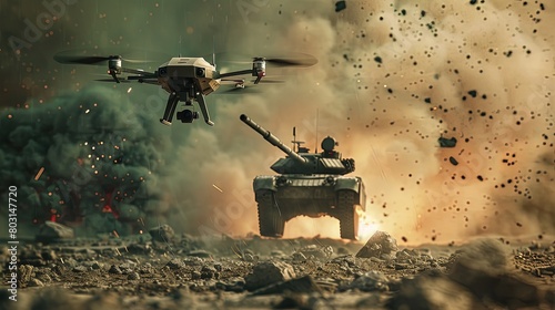 A drone drops a bomb on a tank. WAR. Low angle view. Devastation from the skies.