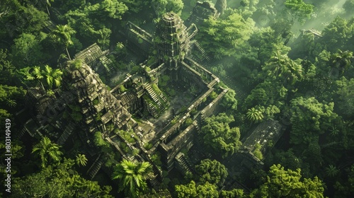 An aerial view of ancient ruins hidden within a dense jungle, revealing secrets of a lost civilization