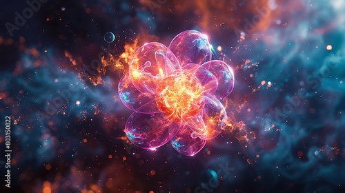 Depict a highly stylized model of an atom, with electrons spinning rapidly around colorful, glowing nuclei, representing the energy and motion of atomic particles.