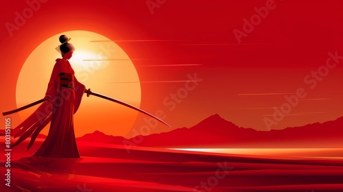 The geisha wears the kimono, holds the sword katana, stands at a red sun background with a Japanese sunset concept. Cartoon illustration of the traditional Japanese female character isolated on the