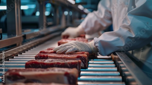 A worker wearing a glove touches a steak on a conveyor belt