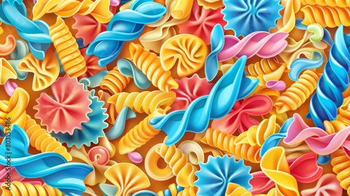 A perfect macaroni cartoon banner with colorful pasta types cobetti, rigati, conchiglie, fusilli, farfalle and penne. The backdrop has an Italian cuisine theme, noodle illustrations for cooking.
