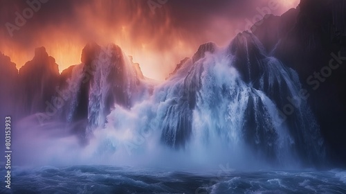 Majestic waterfall cascades powerfully into the abyss against a stunning sunset