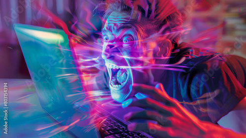 homme hystérique devant son écran d'ordinateur, lumière violette et rouge