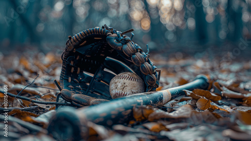 vieux gant, batte et balle de baseball abandonné sur le sol