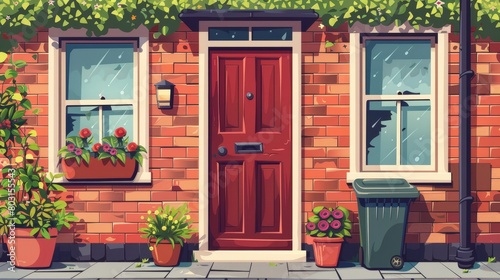 A brick wall, a red door, windows, and a trash bin are the features of this house facade. The front door is closed and flowers are in a pot on the porch. The exterior of a cottage in a city or suburb