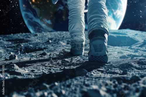 Dramatic image of an astronaut's boot stepping on the lunar surface with a vividly detailed Earth visible in the backdrop.