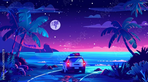 The car is driving on the road on a sea beach at night. Modern illustration of tropical landscape with grass, palm trees, rocks in the water, and an automobile with luggage on the roof traveling on