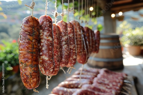 Variety of cured meat salami hanging in rows at an outdoor market setting