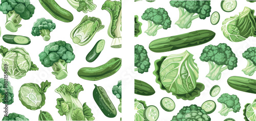 Green vegetables seamless pattern. Cabbage broccoli and cucumber