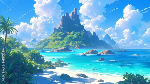 Aerial view of archipelago and sea, cartoon, anime style. 