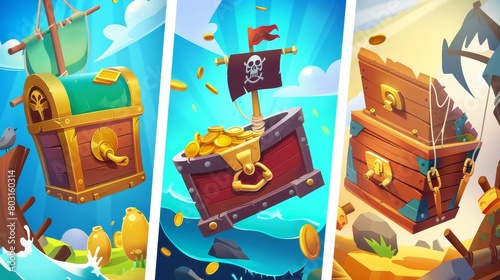 Imaginative pirate party invitational flyers for kids birthdays, night clubs, adventure games, and other events. Illustrations of pirates, treasure chests, wooden ships, and cannons.