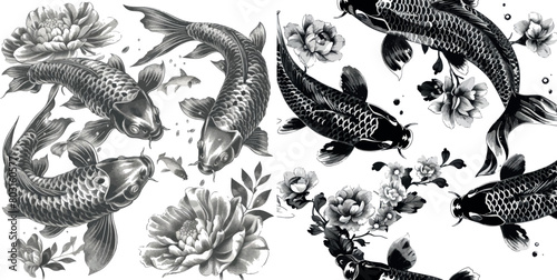 Japanese brocade koi carps in water monochrome graphics