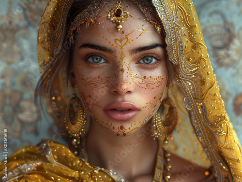 A young woman with golden skin and blue eyes is wearing a traditional Indian headdress and jewelry.