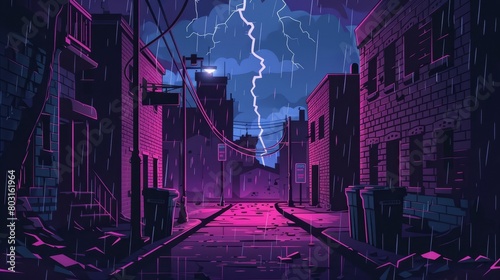 A dark alleyway with old city houses and neon signs in the rain, garbage bins and lightning in the sky, modern cartoon illustration of a backstreet alley in the city at night.