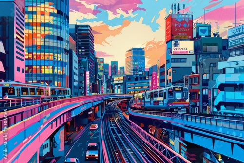  Illustration of Osaka City with with vibrant colors