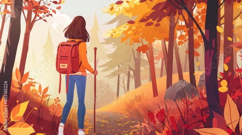 Tourist walking with a stick in an autumn forest. Modern cartoon illustration of forest trees with orange foliage and a backpacked hiker.