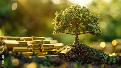 A golden tree grows out of a pile of gold bars, surrounded by a lush green forest.