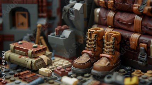 Exquisite LEGO replicas of old leather boots and book on a gray surface