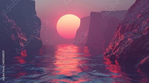 3d render, futuristic landscape with cliffs and water. Modern minimal abstract background. Spiritual zen wallpaper with sunset or sunrise light