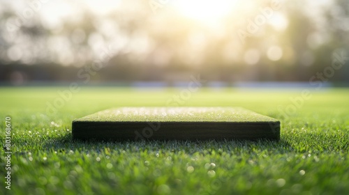 a square empty platform for product presentation on a green soccer pitch against a blurred background.