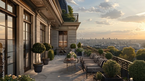 A balcony with a view of the city and a few potted plants