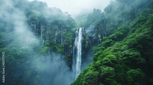 A lush green forest with a waterfall in the background. The sky is cloudy and the air is misty
