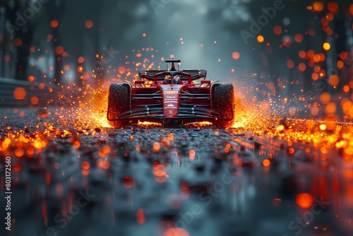 A dramatic shot of a racing car's brakes glowing red-hot as it decelerates from breakneck speeds, the smell of burning rubber hanging in the air