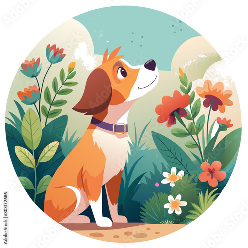 A curious dog with floppy ears sniffing a bouquet of flowers in a garden