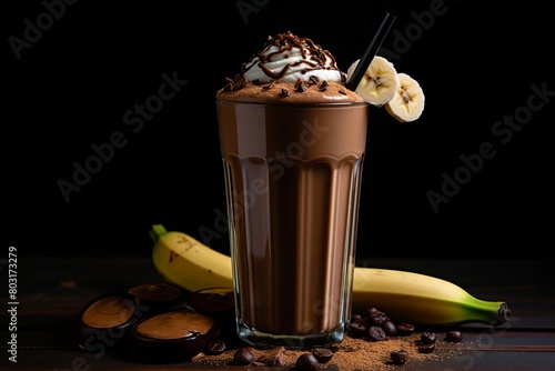 Chocolate banana smoothie, rich and creamy, dark moody cafe, low light, detailed closeup