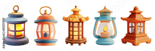 PNG lantern 3d icons and objects collection, in cartoon style minimal on transparent, white background, isolate