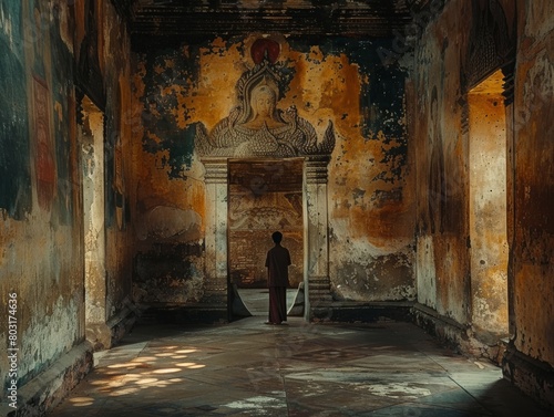 A wanderer deciphers ancient symbols among Thai temples in shadowed light, blending past and abstract visions. Behr color trends.
