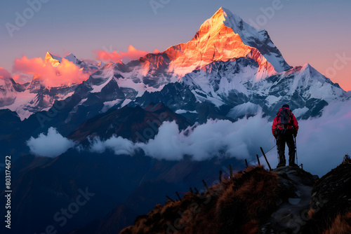 hiker on the top of mountain overlooking a stunning mountain with snowy peaks. 