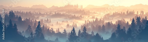 Illustrate the birds-eye view of foggy morning skies with a captivating mix of traditional and digital techniques Contrast the softness of watercolors with the sharpness of CG 3D e