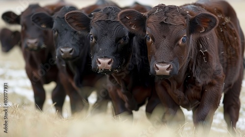 Cattle grazing on feed in barn stalls, livestock feeding on fodder in stable row