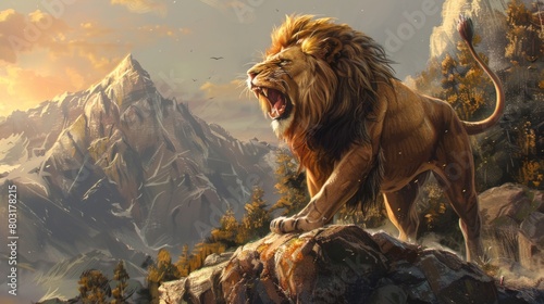 Lion roaring on the cliff
