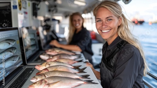 Experienced female angler employing modern marine technology on a fishing vessel