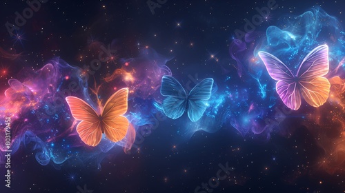 Rainbow-colored butterflies fly through space against a background of dark space with stars and galaxies, symbolizing freedom and beauty. The color palette includes blue,green, purple, pink, yellow, w