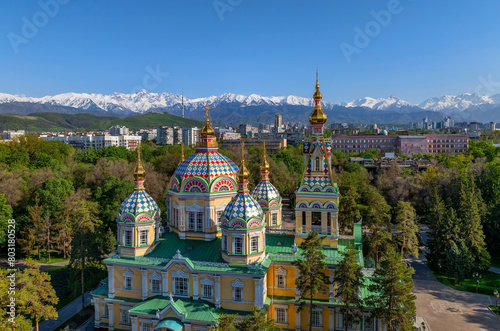 Quadcopter view of the Orthodox wooden Ascension Cathedral built in 1907 in the Kazakh city of Almaty on a spring evening